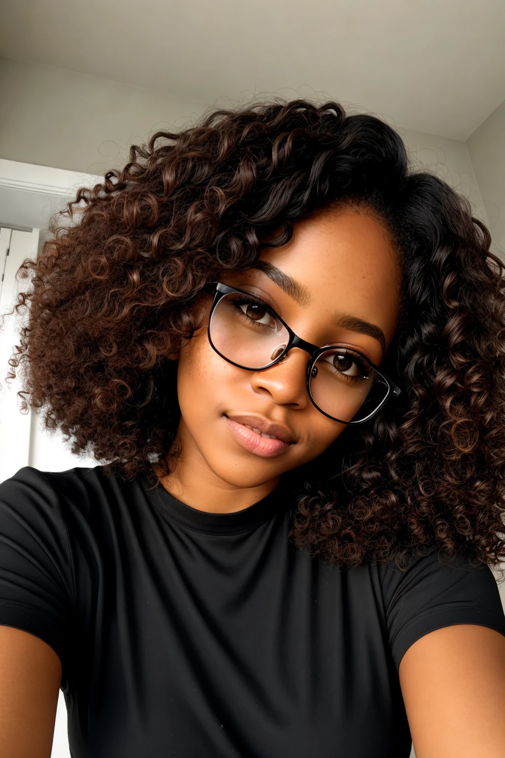 short light skinned black female, long curly with no frizz brown hair, glasses, freckles, brown eyes, no imperfections