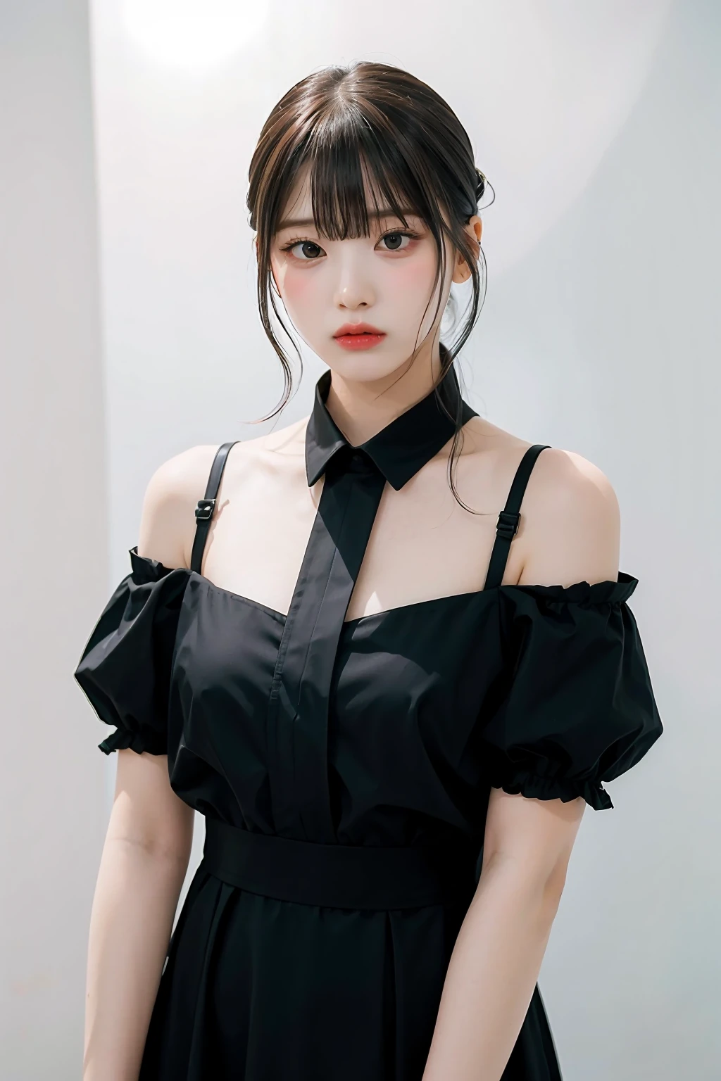 1girl,hair with bangs,black long dress, ,white background, <lora:Jiwoo_NMIXX-02:1>