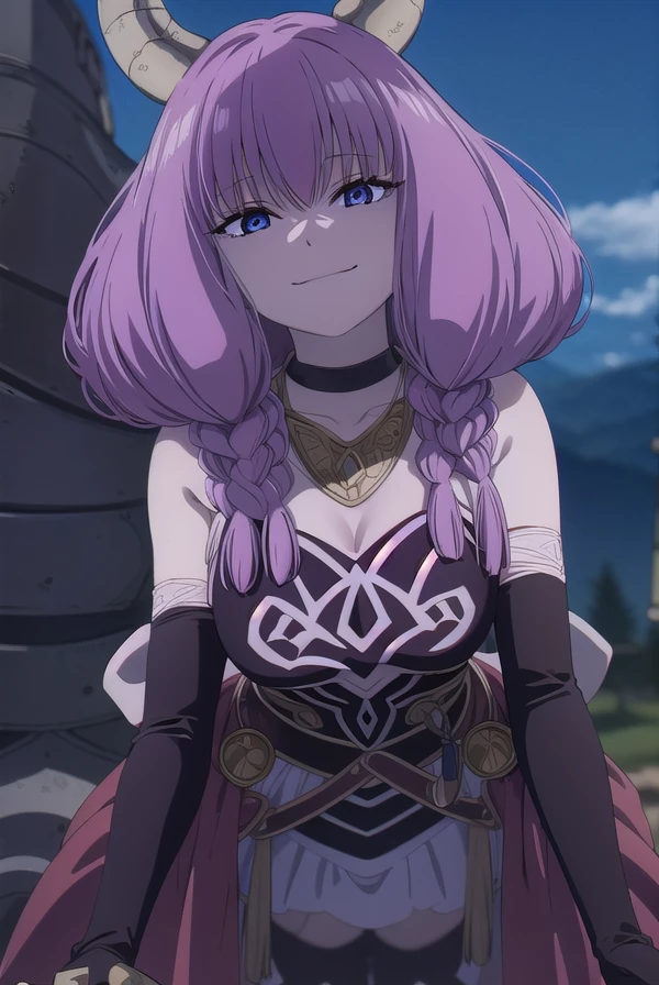 aura the guillotine, <lora:aura the guillotine s1-lora-nochekaiser:1>,
aura the guillotine, long hair, (purple eyes:1.1), purple hair, braid, horns, twin braids, smile,
skirt, thighhighs, gloves, choker, black gloves, elbow gloves, magical girl,
BREAK outdoors, park, sun, sky, cloud,
BREAK looking at viewer,
BREAK <lyco:GoodHands-beta2:1>, (masterpiece:1.2), best quality, high resolution, unity 8k wallpaper, (illustration:0.8), (beautiful detailed eyes:1.6), extremely detailed face, perfect lighting, extremely detailed CG, (perfect hands, perfect anatomy),