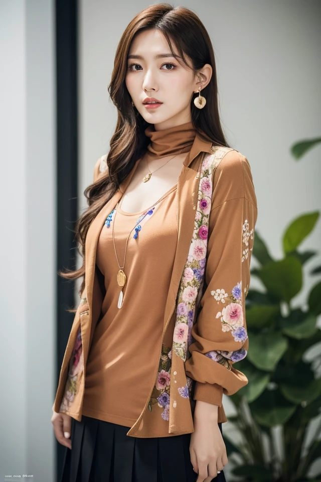 Li Yunsi,1girl,pleated skirt,jewelry,turtleneck,earrings,brown hair,necklace,long hair,brown eyes,(floral shirt:1.2),shirt,best quality,masterpiece,illustration,an extremely delicate and beautiful,CG,unity,8k wallpaper,Amazing,finely detail,masterpiece,official art,extremely detailed CG unity 8k wallpaper,incredibly absurdres,huge filesize,ultra-detailed,highres,extremely detailed,beautiful detailed girl,realistic,full frontal,<lora:Li Yunsi_20231113031252:0.8>,full body,