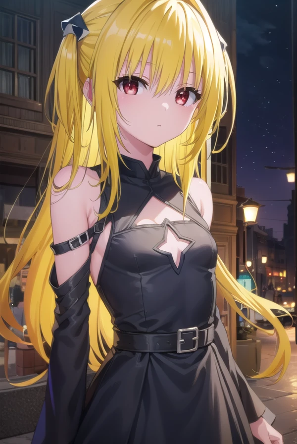 toloveruyami, <lora:yami darkness-lora-nochekaiser:1>, 
yami, (yellow hair:1.5), long hair, (red eyes:1.5), (hair ornament:1.2), two side up, (small chest:1.2), 
BREAK sleeveless, detached sleeves, dress, black dress, black skirt, clothing cutout, cleavage cutout,
BREAK outdoors, night, sky, star \(sky\), moon,
BREAK looking at viewer, (cowboy shot:1.5),
BREAK <lyco:GoodHands-beta2:1>, (masterpiece:1.2), best quality, high resolution, unity 8k wallpaper, (illustration:0.8), (beautiful detailed eyes:1.6), extremely detailed face, perfect lighting, extremely detailed CG, (perfect hands, perfect anatomy),