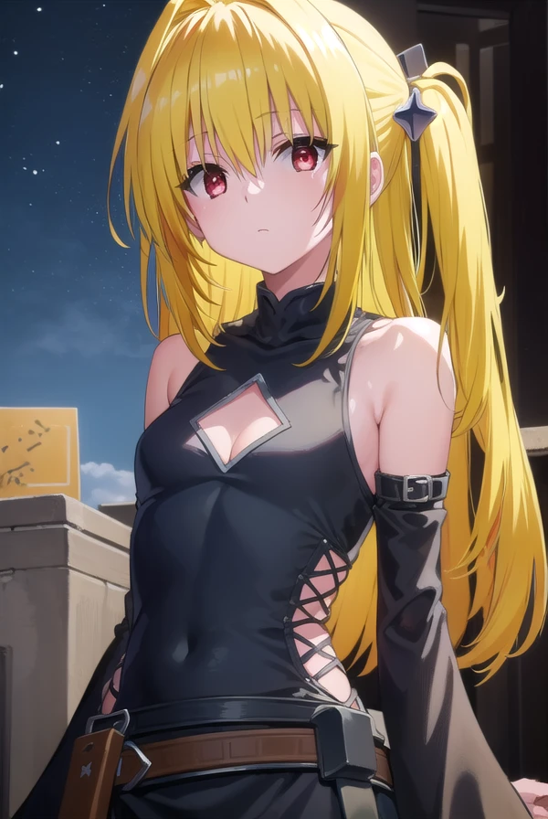 toloveruyami, <lora:yami darkness-lora-nochekaiser:1>,
yami, (yellow hair:1.5), long hair, (red eyes:1.5), (hair ornament:1.2), two side up, (small chest:1.2),
BREAK sleeveless, detached sleeves, dress, black dress, black skirt, clothing cutout, cleavage cutout,
BREAK outdoors, night, sky, star \(sky\), moon,
BREAK looking at viewer, (cowboy shot:1.5),
BREAK <lyco:GoodHands-beta2:1>, (masterpiece:1.2), best quality, high resolution, unity 8k wallpaper, (illustration:0.8), (beautiful detailed eyes:1.6), extremely detailed face, perfect lighting, extremely detailed CG, (perfect hands, perfect anatomy),