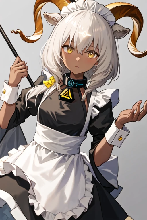 best quality, masterpiece, highres, solo, {maid:1.40}, {long maid dress:1.15}, {beeswax_arknights:1.15}, horns, dark-skinned_female, dark_skin, animal_ears, goat_horns, goat_ears, white_hair, yellow_eyes, bangs, goat_girl, long_hair, hair_between_eyes, upper_body, infection_monitor_\(arknights\)