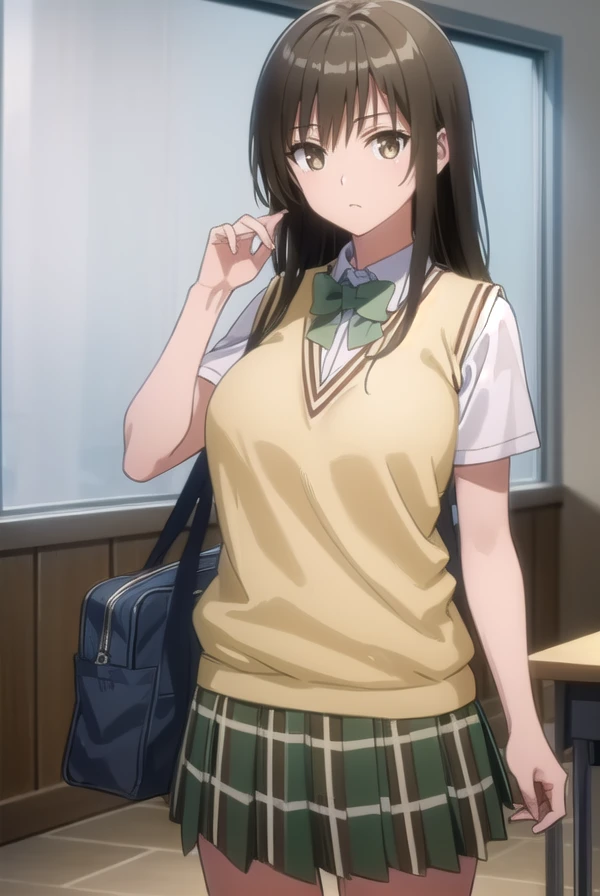 yuikotegawa, <lora:yui kotegawa darkness-lora-nochekaiser:1>,
yui kotegawa, black hair, (brown eyes:1.5), long hair,
BREAK green skirt, plaid, plaid skirt, sainan high school uniform, school uniform, skirt, sweater vest, (yellow sweater:1.3), short sleeves,
BREAK indoors, classroom,
BREAK looking at viewer, (cowboy shot:1.5),
BREAK <lyco:GoodHands-beta2:1>, (masterpiece:1.2), best quality, high resolution, unity 8k wallpaper, (illustration:0.8), (beautiful detailed eyes:1.6), extremely detailed face, perfect lighting, extremely detailed CG, (perfect hands, perfect anatomy),