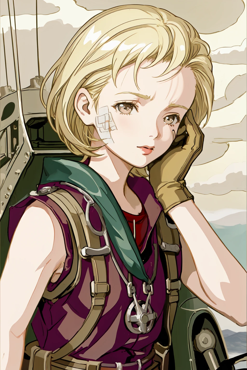 (masterpiece,best quality:1.2),1girl,chainprogear,(solo),sitting,short hair,blonde hair,sleeveless,red shirt,shirt,suspenders,necklace,jewelry,upper body,gloves,in biplane cockpit,dieselpunk style,bandaid on face,in pain,in midair,cloudy skies, <lora:Chainprogear1:0.85>, <lora:LORA-XenoDetailer-v2:0.1>