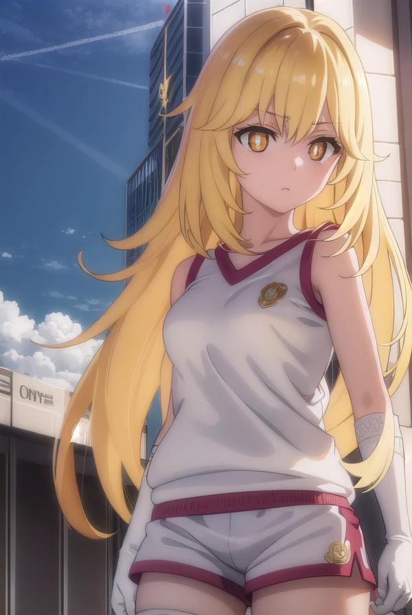 misakishokuhou, <lora:misaki shokuhou s3-lora-nochekaiser:1>,
misaki shokuhou, blonde hair, hair between eyes, long hair, (symbol-shaped pupils:1.5), (yellow eyes:1.5), (medium breasts:1.2),
BREAK bare shoulders, gloves, gym shirt, gym shorts, gym uniform, shirt, short shorts, shorts, sleeveless, sleeveless shirt, thighhighs, tokiwadai school gym uniform, white gloves, white shirt, white shorts, white thighhighs,
BREAK outdoor, city, sky, sun, clouds,
BREAK looking at viewer, (cowboy shot:1.5),
BREAK <lyco:GoodHands-beta2:1>, (masterpiece:1.2), best quality, high resolution, unity 8k wallpaper, (illustration:0.8), (beautiful detailed eyes:1.6), extremely detailed face, perfect lighting, extremely detailed CG, (perfect hands, perfect anatomy),