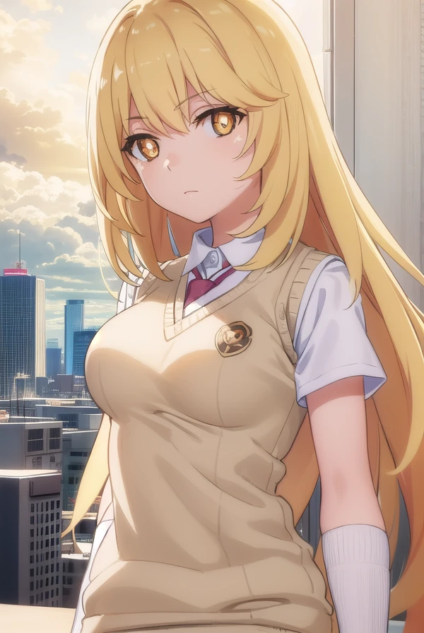 misakishokuhou, <lora:misaki shokuhou s3-lora-nochekaiser:1>, 
misaki shokuhou, blonde hair, hair between eyes, long hair, (symbol-shaped pupils:1.5), + +, (yellow eyes:1.5), (medium breasts:1.2),
BREAK elbow gloves, gloves, school uniform, short sleeves, summer uniform, sweater vest, tokiwadai school uniform, white gloves, (light brown sweater vest:1.2),
BREAK outdoor, city, sky, sun, clouds,
BREAK looking at viewer, (cowboy shot:1.5),
BREAK <lyco:GoodHands-beta2:1>, (masterpiece:1.2), best quality, high resolution, unity 8k wallpaper, (illustration:0.8), (beautiful detailed eyes:1.6), extremely detailed face, perfect lighting, extremely detailed CG, (perfect hands, perfect anatomy),