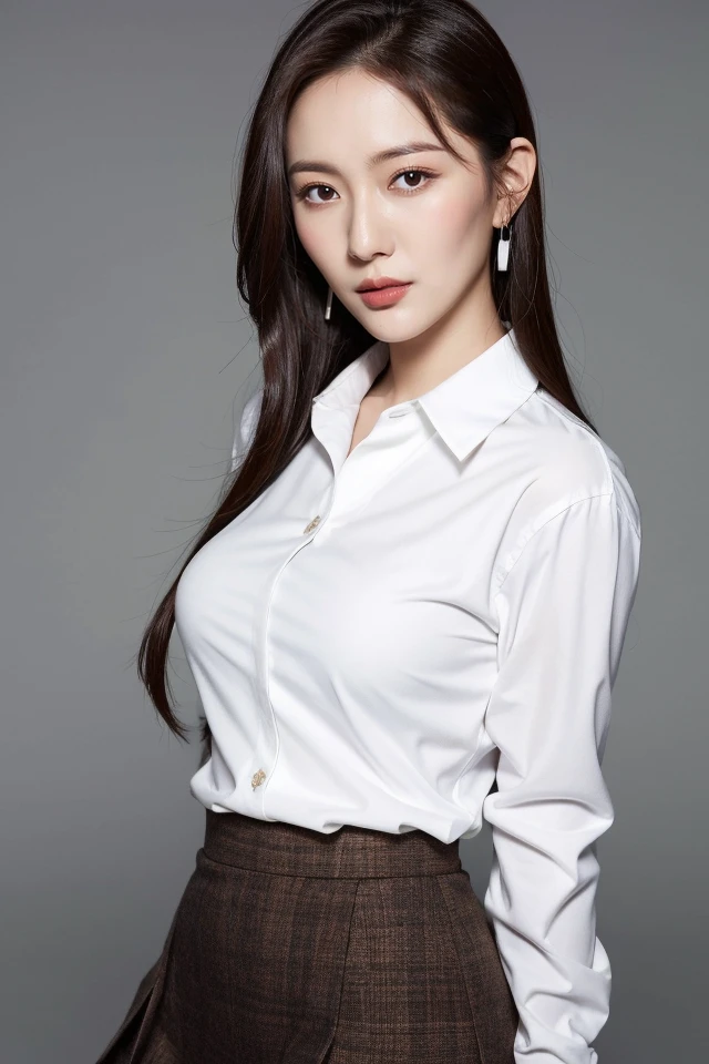 Li Yunsi,1girl,pleated skirt,turtleneck,earrings,brown hair,long hair,brown eyes,(white shirt:1.5),best quality,masterpiece,illustration,an extremely delicate and beautiful,CG,unity,8k wallpaper,Amazing,finely detail,masterpiece,official art,extremely detailed CG unity 8k wallpaper,incredibly absurdres,huge filesize,ultra-detailed,highres,extremely detailed,beautiful detailed girl,realistic,full frontal,<lora:Li Yunsi_20231113031252:0.8>,full body,