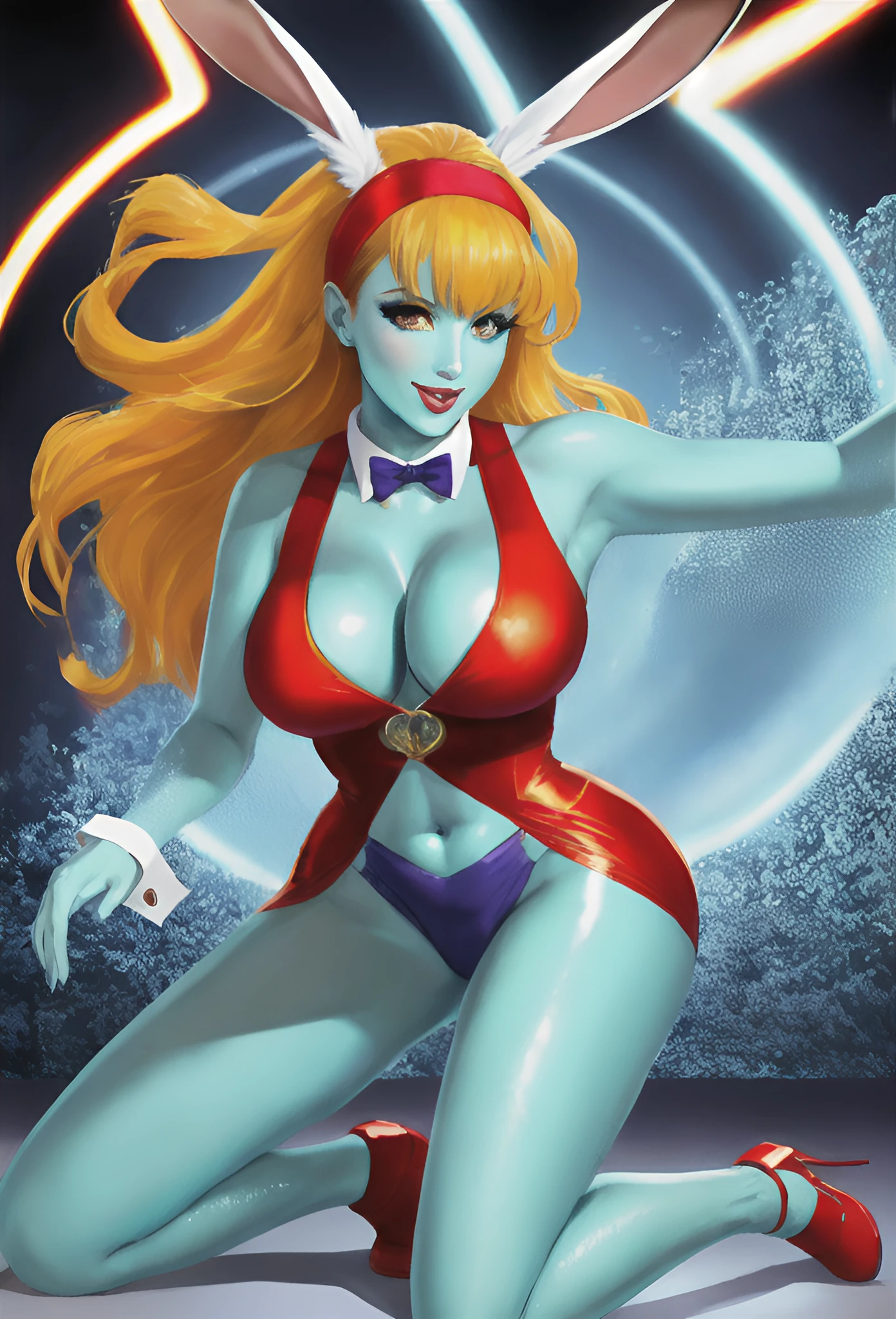  ((masterpiece,best quality,ultra-delicate,Perfect Face,16k,high resolution,very beautiful woman)),(blue skin:1.2,red sleeveless jacket), purple panties,bunny ears,large breasts,purple bowtie,gold long hair,smile,standing,seductive pose