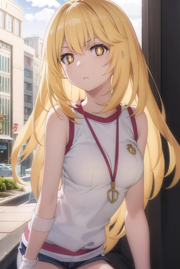 misakishokuhou, <lora:misaki shokuhou s3-lora-nochekaiser:1>, 
misaki shokuhou, blonde hair, hair between eyes, long hair, (symbol-shaped pupils:1.5), + +, (yellow eyes:1.5), (medium breasts:1.2),
BREAK bare shoulders, gloves, gym shirt, gym shorts, gym uniform, shirt, short shorts, shorts, sleeveless, sleeveless shirt, thighhighs, tokiwadai school gym uniform, white gloves, white shirt, white shorts, white thighhighs,
BREAK outdoor, city, sky, sun, clouds,
BREAK looking at viewer, (cowboy shot:1.5),
BREAK <lyco:GoodHands-beta2:1>, (masterpiece:1.2), best quality, high resolution, unity 8k wallpaper, (illustration:0.8), (beautiful detailed eyes:1.6), extremely detailed face, perfect lighting, extremely detailed CG, (perfect hands, perfect anatomy),