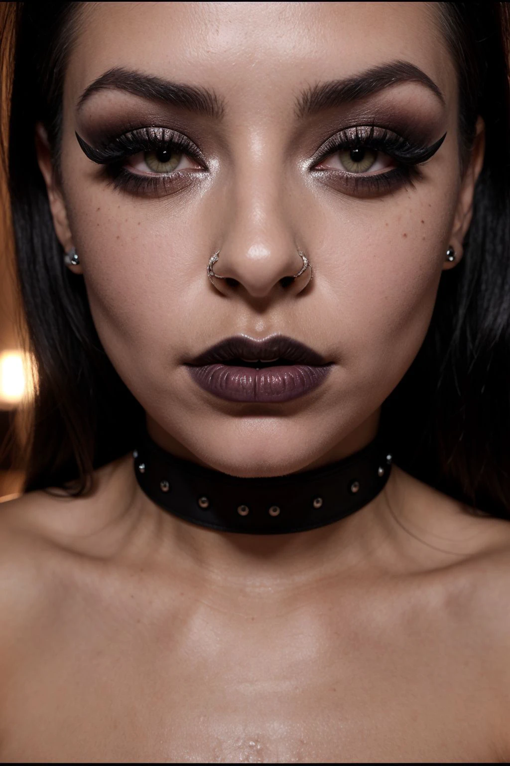 face close up, glamour photography of a random stylish goth girl, edgy vibe, dark, mascara, eyeliner, dark cheeks, Unique facial piercings with ornate jewelry, Round eyes, Dimples, Smoky eye makeup, Defined jawline, skin pores, shiny skin, grainy, harsh flash lighting, sepia tone