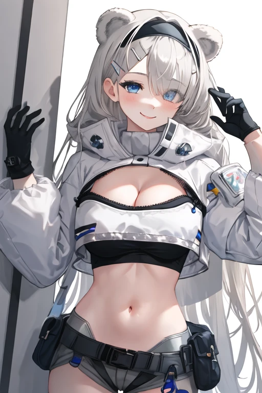 best quality, masterpiece, highres, solo, {aurora_arknights:1.15}, animal_ears, bear_ears, long_hair, blue_eyes, hairband, black_hairband, hair_over_one_eye, bangs, breasts, white_hair, upper_body, large_breasts, cleavage, blush, eyes_visible_through_hair, very_long_hair, smile, navel, hair_ornament, stomach, hairclip, grey_hair, 1girl, looking_at_viewer, simple_background, white_background, white_jacket, black_gloves, gloves, jacket, hand_up, long_sleeves