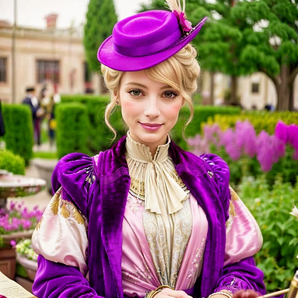 watercolor and ink painting  of upper body of shapely blonde woman,  long neck, (looking at viewer), achingly beautiful,  wearing a detailed, Egyption design,  lilac and mahogany velvet and silk jacket, skirt, white silk pleated blouse, cords, hat, detailed face, big breasts, huge bust, makeup, hair in bun, having a glass of sherry in the garden , smile:0.4 <lora:JnTrp:0.5> JnTrp, vivid colors  <lora:1890_dress_v1:1> 1890_dr3ss