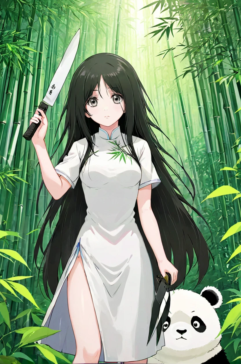 anime artwork of <lora:baobao_XL_0_-000004:1.5>,baobao,1girl,(hand holding kitchen knife:1.2),expression numbness,outdoors,white cheongsam,scatter long straight black hair,simple background,grey_pupils,with the panda in the bamboo forest,, anime style, key visual, vibrant, studio anime,  highly detailed