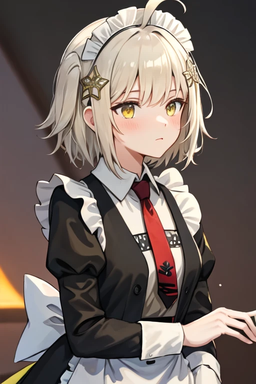 best quality, masterpiece, highres, solo, {maid:1.40}, {long maid dress:1.15}, {scene_arknights:1.15}, bangs, ahoge, hair_ornament, short_hair, yellow_eyes, necktie, red_necktie, one_side_up, upper_body, closed_mouth, vest, brown_vest, blush