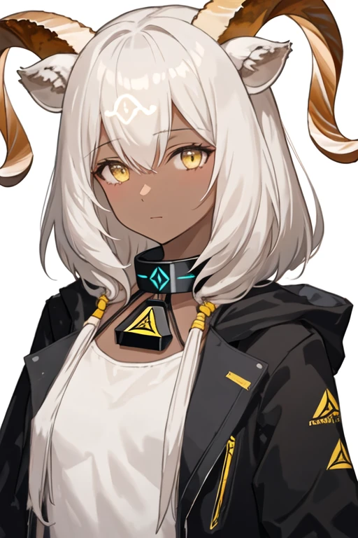 best quality, masterpiece, highres, solo, {beeswax_arknights:1.15}, horns, dark-skinned_female, dark_skin, animal_ears, goat_horns, goat_ears, white_hair, yellow_eyes, bangs, goat_girl, long_hair, hair_between_eyes, upper_body, infection_monitor_\(arknights\), 1girl, black_jacket, closed_mouth, jacket, looking_at_viewer, portrait, simple_background, short_hair, collar, white_background