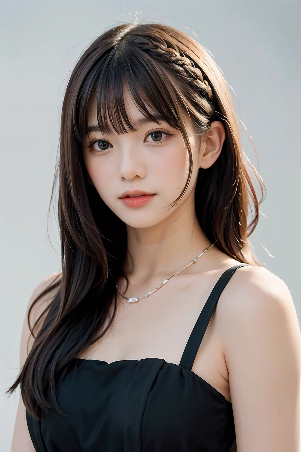 1girl,hair with bangs,black long dress,white background, <lora:WeeBNK48-04:1>