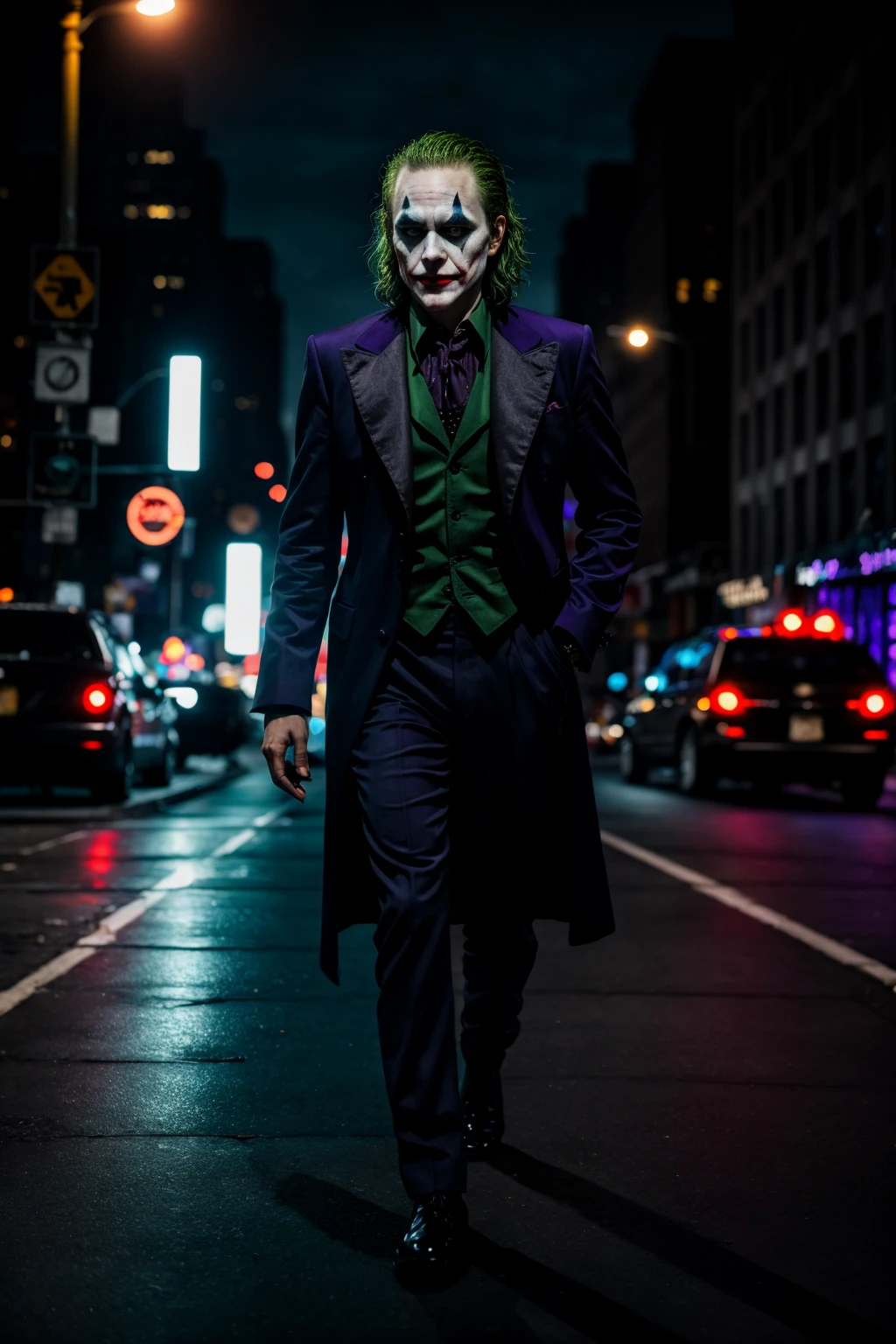 sks man (pity:1) dressed like (the joker:1) , full body, a night in the street, high detailed, hyperealistic, 8k, <lora:pity:1>