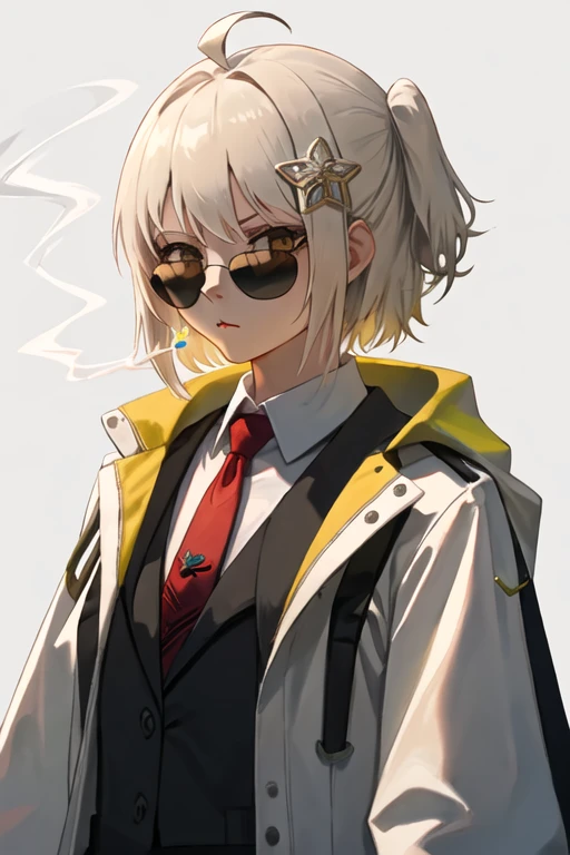 best quality, masterpiece, highres, solo, {black business suit:1.40}, {tie:1.20}, {sunglasses:1.25}, {white gloves:1.15}, {white shirt:1.10}, {black skirt:1.15}, {smoking:1.20}, handsome, {scene_arknights:1.15}, bangs, ahoge, hair_ornament, short_hair, yellow_eyes, necktie, red_necktie, one_side_up, upper_body, closed_mouth, vest, brown_vest, blush