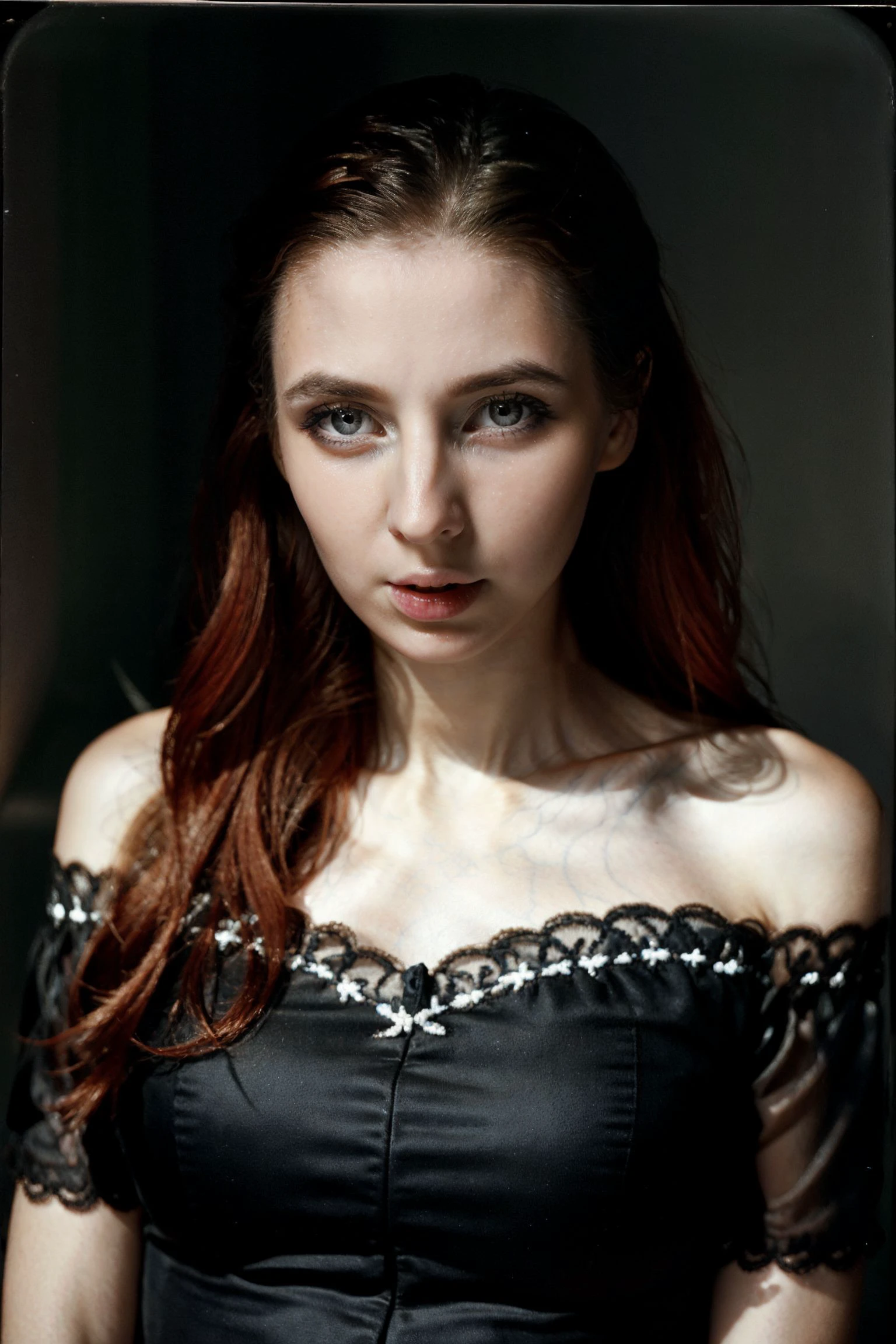 Beauty photo,
<lora:HelgaGrey_SD15_v1.2:1> HelgaGrey
(female in a dark theme:1.3),
with (
Embroidered Dress Julie Paskal Cotton, embroidery Embroidered, off-shoulder, maxi length, white color with colorful embroidery
:1.2)
long ukrainian braided hairstyle, deep stare, deep intense gaze,
detailed hair strand, ear, detailed upper torso, detailed eyes, detailed pupils, detailed iris, detailed nose, detailed lips, ears, detailed sideburns, eye reflection, ray tracing, path tracing, reflection,
in style of
Richard Avedon Portrait Large-format camera, high-quality lenses Simple backgrounds,
<lora:epiC35mm:.5>