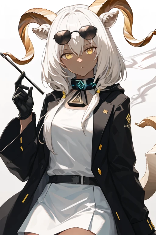 best quality, masterpiece, highres, solo, {black business suit:1.40}, {tie:1.20}, {sunglasses:1.25}, {white gloves:1.15}, {white shirt:1.10}, {black skirt:1.15}, {smoking:1.20}, handsome, {beeswax_arknights:1.15}, horns, dark-skinned_female, dark_skin, animal_ears, goat_horns, goat_ears, white_hair, yellow_eyes, bangs, goat_girl, long_hair, hair_between_eyes, upper_body, infection_monitor_\(arknights\)
