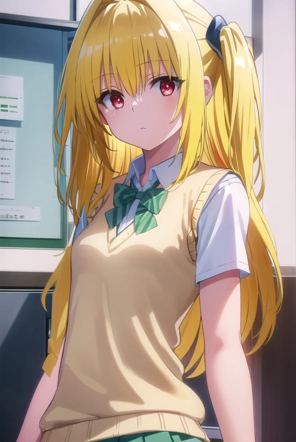 toloveruyami, <lora:yami darkness-lora-nochekaiser:1>,
yami, (yellow hair:1.5), long hair, (red eyes:1.5), (hair ornament:1.2), two side up, (small chest:1.2),
BREAK school uniform, shirt, white shirt, bow, (green bow:1.5), skirt, (green skirt:1.2), pleated skirt, short skirt, sweater, (light brown sweater vest:1.5), short sleeves,
BREAK indoors, classroom,
BREAK looking at viewer, (cowboy shot:1.5),
BREAK <lyco:GoodHands-beta2:1>, (masterpiece:1.2), best quality, high resolution, unity 8k wallpaper, (illustration:0.8), (beautiful detailed eyes:1.6), extremely detailed face, perfect lighting, extremely detailed CG, (perfect hands, perfect anatomy),