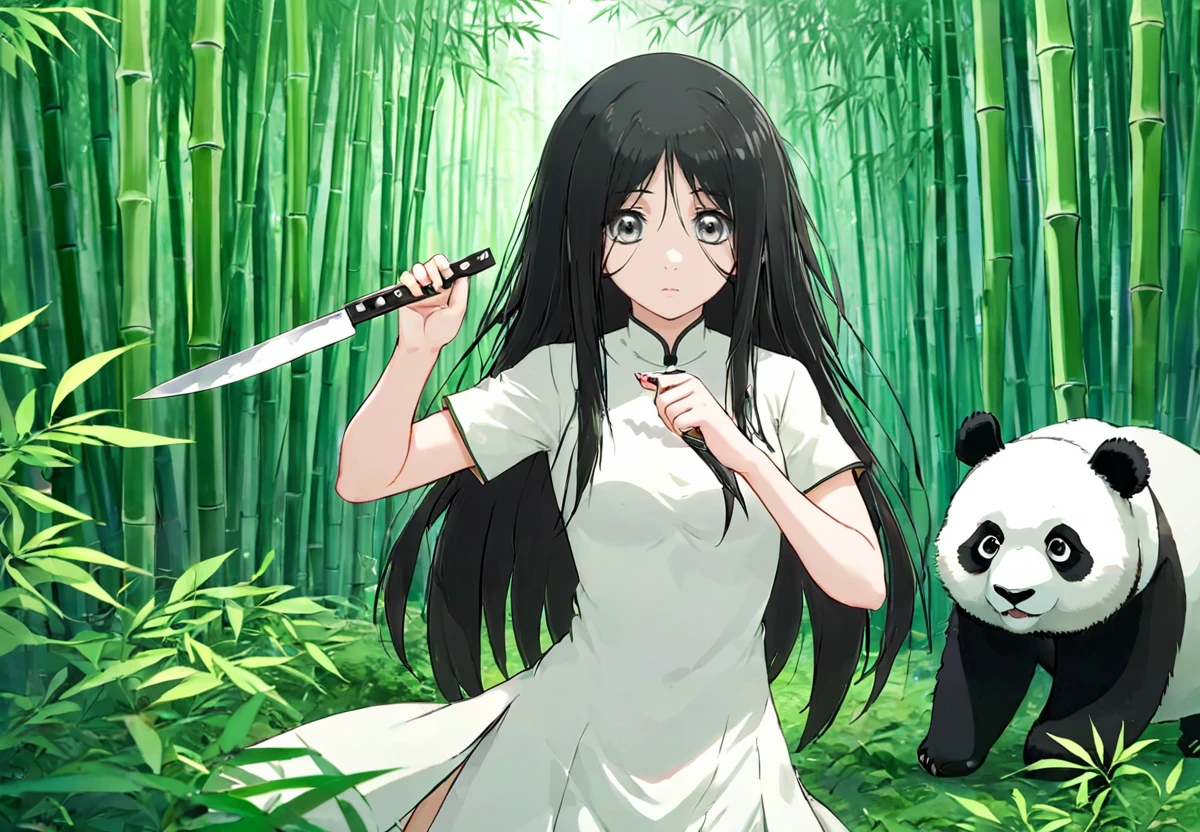anime artwork of <lora:baobao_XL_0_-000004:1.5>,baobao,1girl,(hand holding kitchen knife:1.2),expression numbness,outdoors,white cheongsam,scatter long straight black hair,simple background,grey_pupils,with the panda in the bamboo forest,, anime style, key visual, vibrant, studio anime, highly detailed