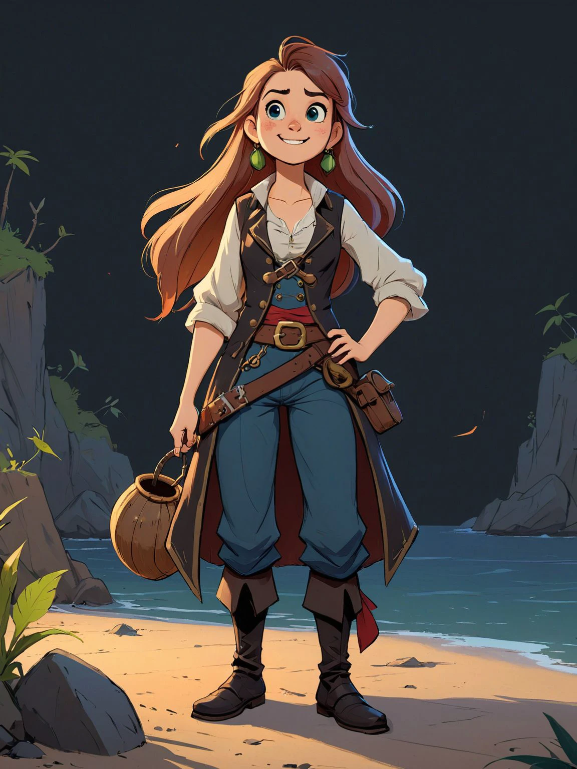 old pirate with pipe, 1girl, long hair, standing, (full body:1.5), hero pose,exaggerated proportions, intricate character design, sense of nostalgia, exaggerated features, memorable look, consistent, coherent, captivating, (clear eyes:1.2), (highly detailled eyes:1.2), highly detailled hands, detailled floor, textured socle, dusty ground, intricate shoes, master piece, intricate, comics render, illustration, 2d character, flat render, outline, master piece, intricate harbour background, rim lighting, dimlight, 3d character, game (cartoon:0.5) character, 3d render, trending on artstation, concept, small, 1person, (full body:1.4), wide angle, 50mm, skinny,scars, hero pose, deciduous, (freckles:0.741), dirty clothes, thorns, goosebumps, gentle face, subtle smiling, cool person, (holding asset:1.3) , full body ,subsurface scattering, arnold render, xgen, trending on artstation, master piece, intricate, black background, rim lighting