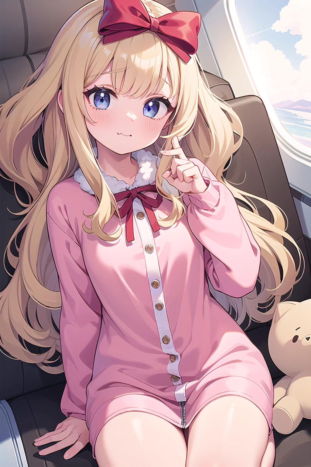 best quality, ultra-detailed, (1girl, solo, <lyco:hair_bow_front_of_head-v1:1>, hrbwonfoh, hair bow,  kigurumi ,,  long hair, wavy mouth, ), in a plane