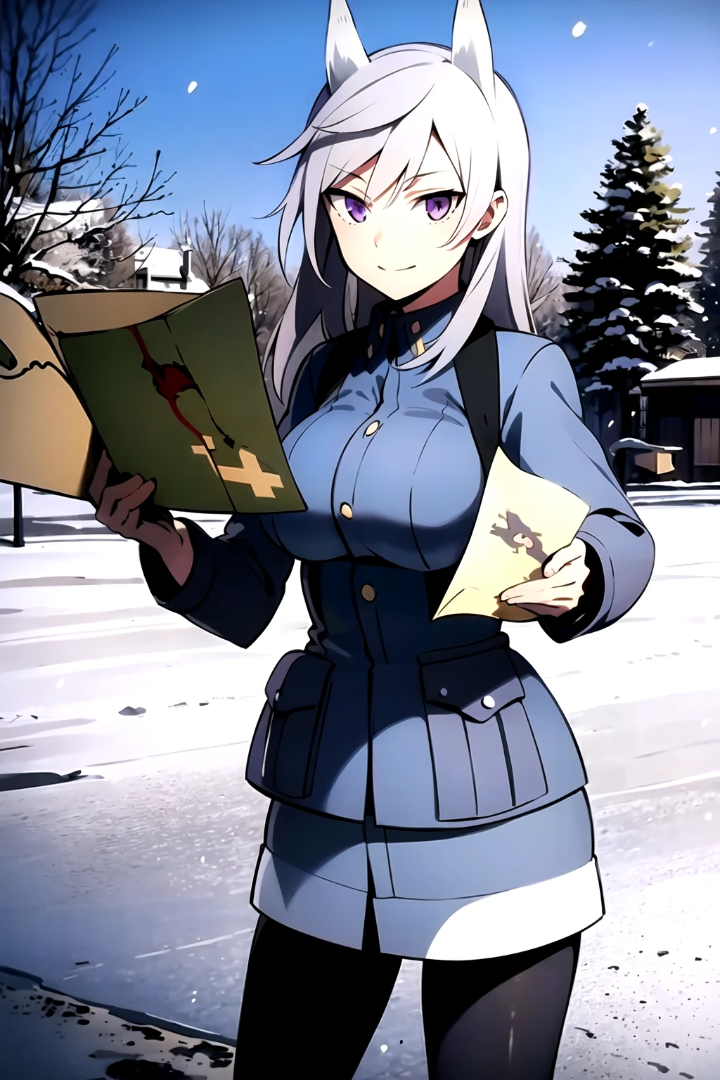 masterpiece, best quality, 1girl, aurora e. juutilainen, standing, dog tail, animal ears, purple eyes, silver hair, outside, snow, military shirt, black pantyhose, holding map