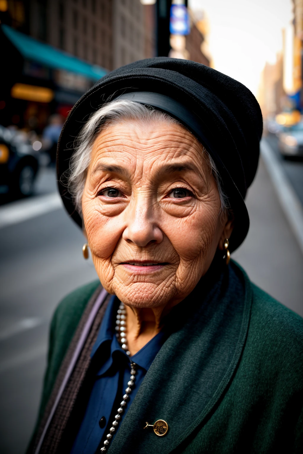 a wise old woman captured in the streets of new york city, highly detailed, masterpiece, phtorealistic
