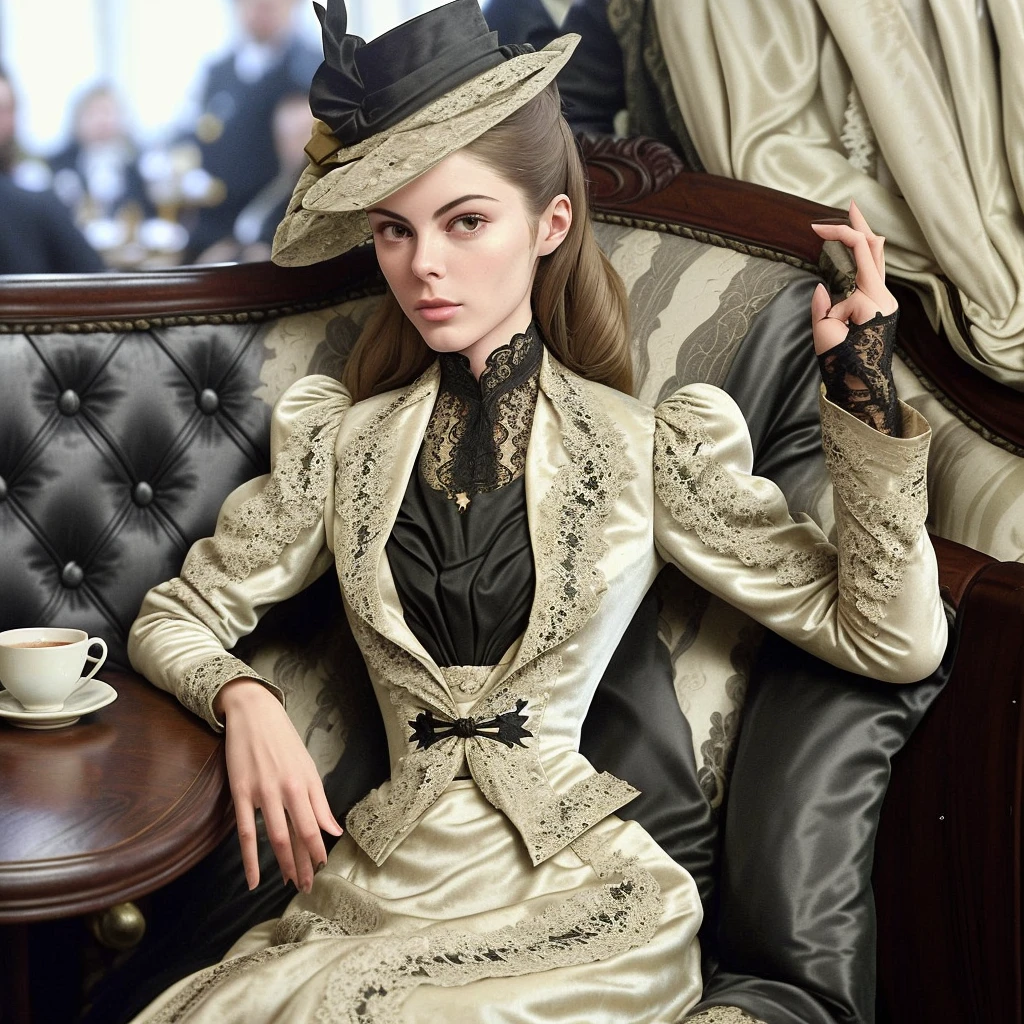 vintage photo of a c4rmr0se wearing a small hat and a black and white layered velvet dress, jacket with appliques on the bust and lace cuffs,seated at a cafe drinking wine with men <lora:1890_dress_v1:1> 1890_dr3ss
<lora:age_slider_v20:2>