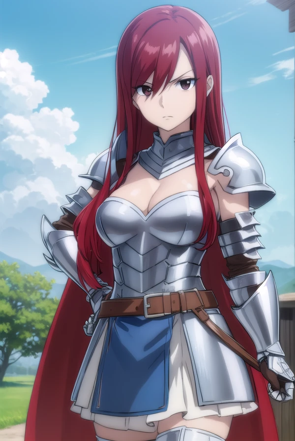 erzascarlet, <lora:erzascarlet-lora-nochekaiser:1>,
erza scarlet, long hair, (red hair:1.5), hair between eyes, (brown eyes:1.5),
skirt, thighhighs, cleavage, boots, belt, sword, cape, armor, gauntlets, armored boots, greaves, knight,
BREAK outdoors, castle, sky, cloud, sun, forest,
BREAK looking at viewer, (cowboy shot:1.5),
BREAK <lyco:GoodHands-beta2:1>, (masterpiece:1.2), best quality, high resolution, unity 8k wallpaper, (illustration:0.8), (beautiful detailed eyes:1.6), extremely detailed face, perfect lighting, extremely detailed CG, (perfect hands, perfect anatomy),