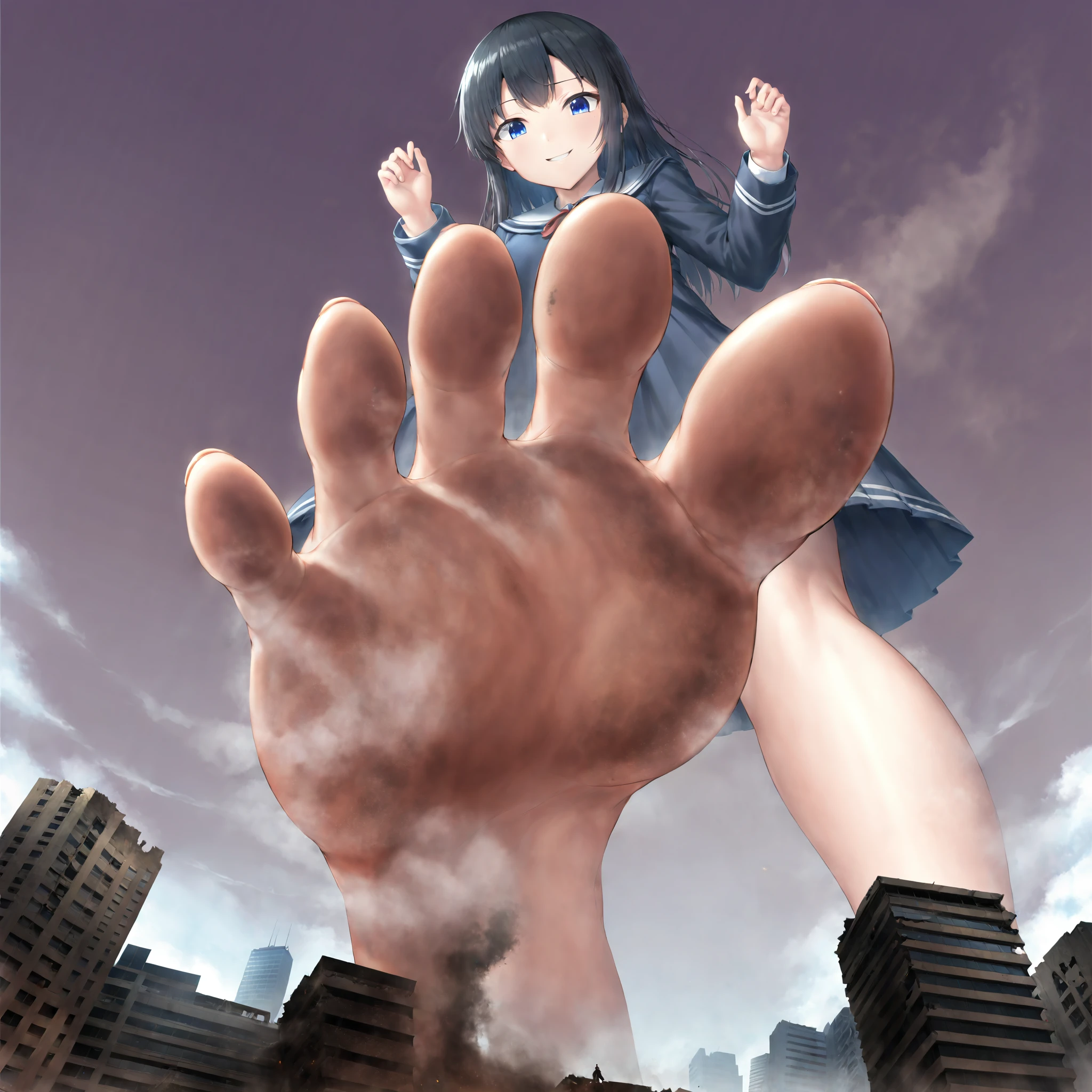 masterpiece, best quality, extreme detailed, absurdres,
a pov low angle view of a girl stepping on the viewer with her barefoot, city under girl's foot, from below, soles, toes, looking down at viewer, low angle view, sky, cloud, giantess, jvdaniang, dirty feet soles, steam around feet, steam from feet, steaming feet, black hair, evil smile, school uniform, skyscraper, city, dirty, ruins on feet soles, destruction, feet up, stepped on, stomping, one foot out of frame, foot focus, airplane under feet, standing on one leg, perspective, foreshortening, <lora:jvdaniangXL-beta-fix:0.7>, anime, solo, <lora:add-detail-xl:1>