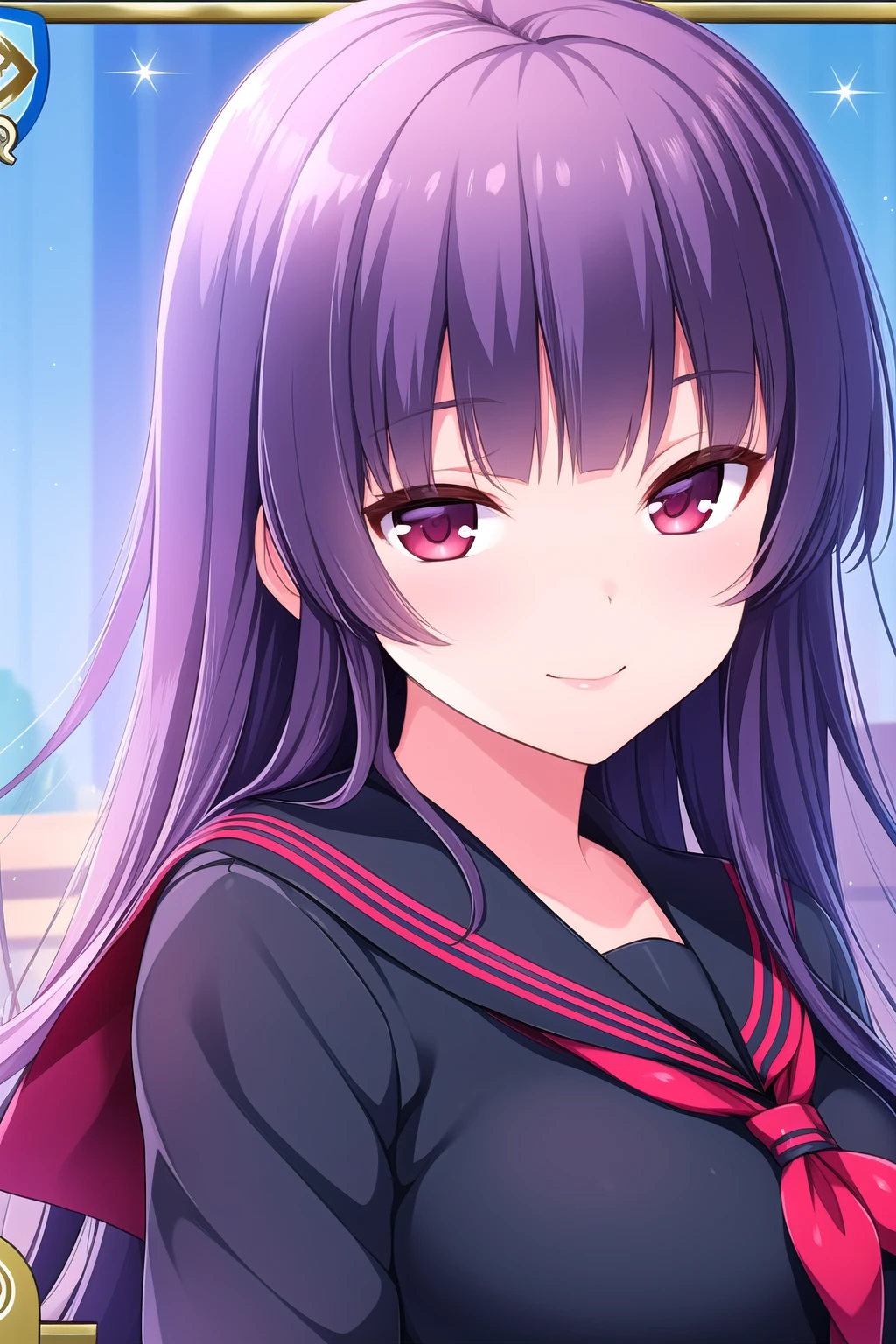 (masterpiece, best quality), highly detailed background, perfect lightingbest quality, kagurazakasaya, solo, purple hair, bangs, very long hair, red eyes, breasts, black serafuku, school uniform, smile, closed mouth, pink lips, <lora:Kagurazaka-Saya:0.7>