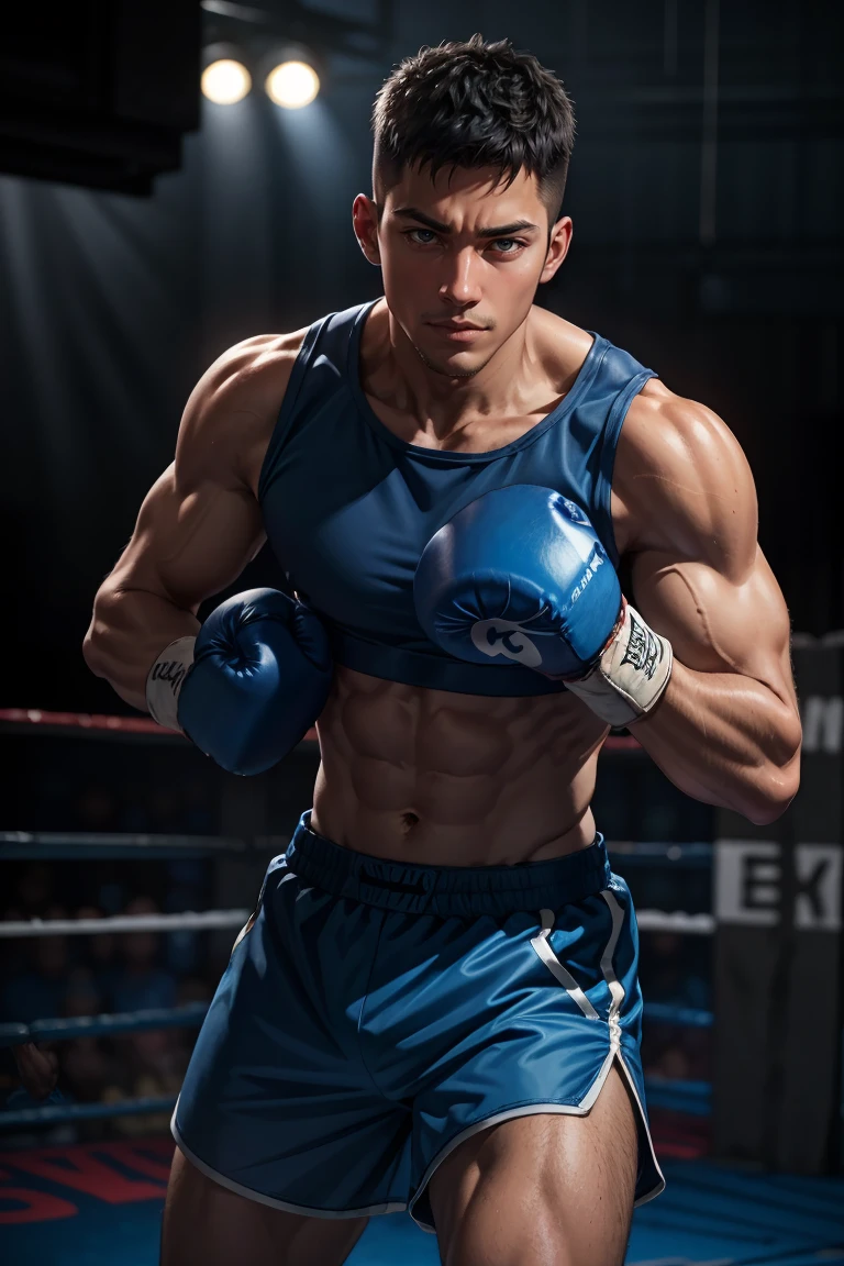 cowboy shot ,realistic, best quality, masterpiece, realistic ,<lyco:GoodHands-beta2:1>, (detailed face), detailed background,dramatic lighting, 1boy, boxing gloves, male focus, solo, dark skin, dark-skinned male, muscular, shorts, blue shorts,cinematic pose, <lora:Lora-Custom-ModelLiXian:0.4>