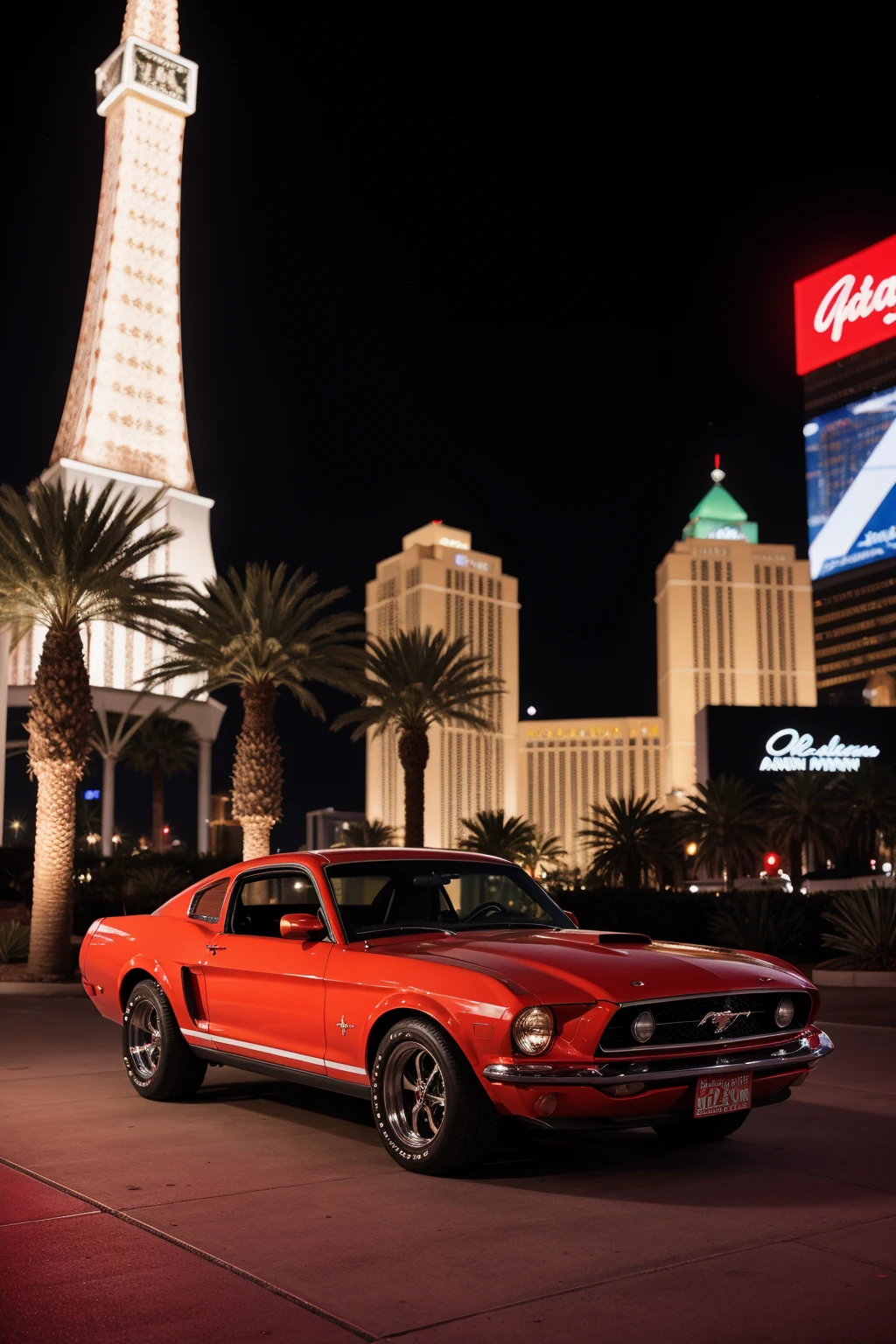 Photo of a classic red mustang car parked in las vegas strip at night