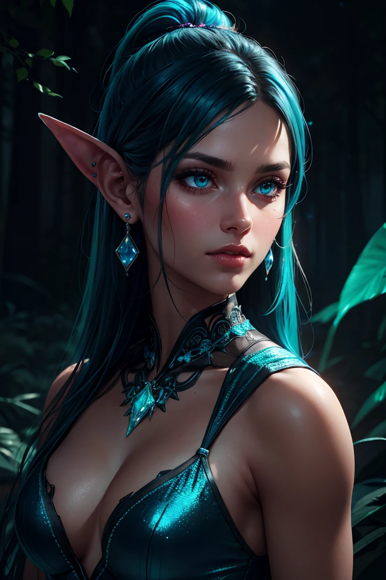 An ethereal female figure with delicate, luminescent background, surrounded by glowing enchanted forest, pointed ears, jewelry, intricate, detailed, Subsurface skin scattering, shiny skin, (iridescent dress), detailed clothing texture, detailed background, ([Evangeline Lilly|Adriana Lima|Adriana Lima]:0.8), round cute face, teal eyes, close-up, amazing fine detail, rich colors, lifelike texture, dramatic lighting, unreal engine, trending on ArtStation, (perfect skin texture, perfect body), gorgeous, stunning, beautiful, perfect lighting, (photorealistic:1.2)