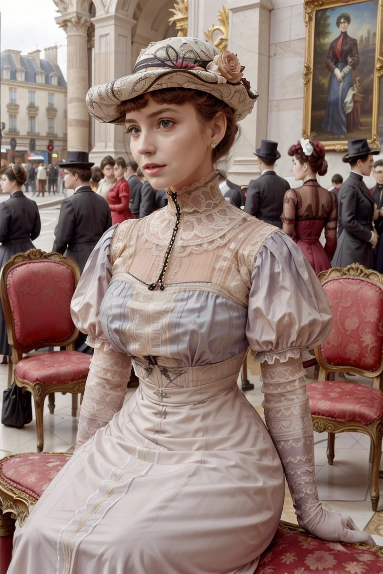 masterpiece, uhd, sharp color photo of a pretty lady wearing a dress, with a hat on, sitting at a Parisian cafe<lora:1900_dress_v2:0.9> 1900_dr3ss