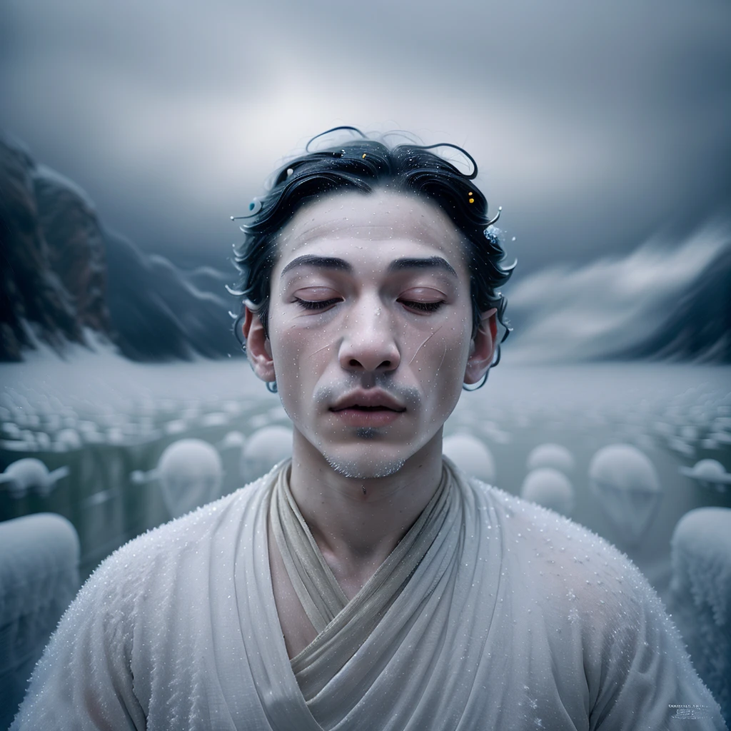 highly detailed emotional wide angle portrait [[by alessio albi alberto seveso depth of field dreamy bokeh]],((meditating pose full body [wide angle gopro],entity of perfection in shape of meditating monk ezra miller  in frost and snow closed eyes, winter stormy moody surroundings of high altitude, thought provoking composition of hope)), floating snow and frost, explosion of winter