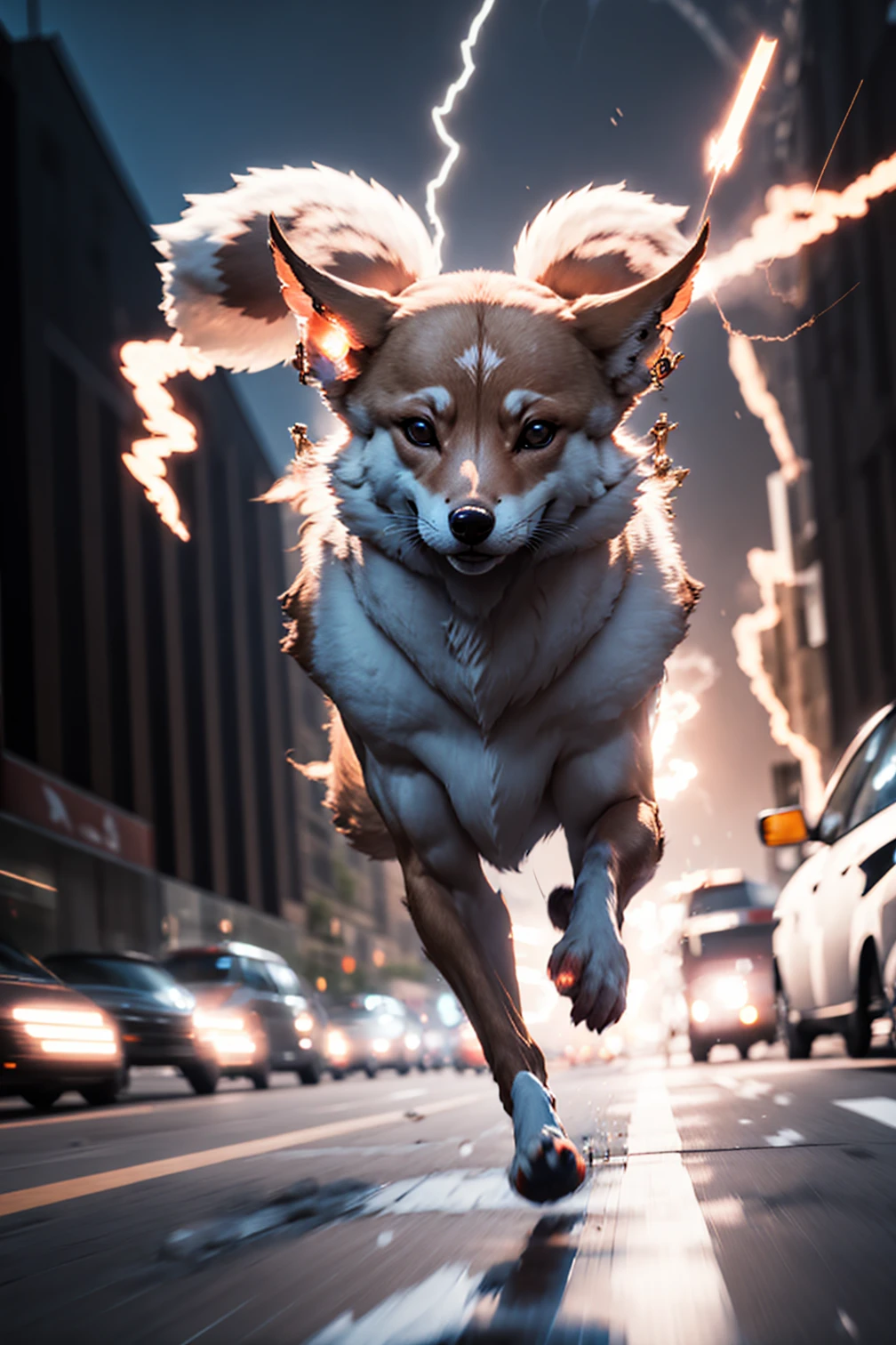 super_speed, running, lighting, light trails, (motion blur), <lora:YaeMikoFox:0.8> YaeMikoFox, no humans, multiple tails, pink fox
