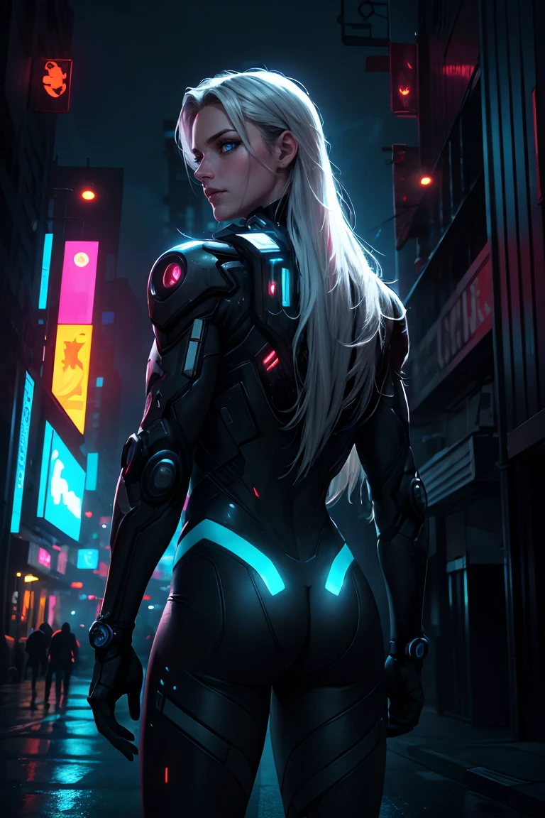 cowboy shot ,realistic, best quality, masterpiece, realistic , (1man), (half body), tall young man, ((tangled white long hair)), cyberpunk, cyborg, from_behind,looking_at_viewer, looking_back, fortified suit, black plugsuit, solo, standing, symmetrical eyes, blue eyes, eyeshadows, detailed face and eyes, dynamic lighting, cinematic lighting, volume lighting, ultra high resolution, cyberpunk, night cyberpunk city with neon lighting, <lora:GoodHands-vanilla:1>