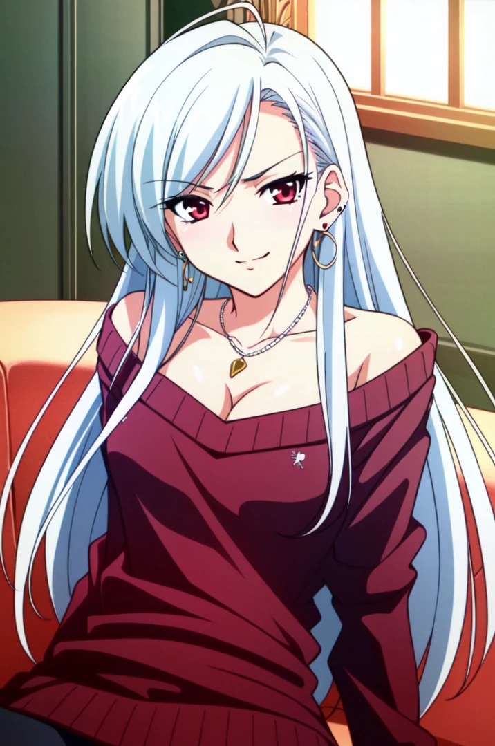 ((extremely detailed CG unity 8k wallpaper)),(masterpiece),(best quality),(ultra-detailed),(best illustration),(best shadow),(Extremely Detailed),(absurdres),(detailed background), <lora:Moka_Akashiya:1> Moka Akashiya, Inner Moka, 1girl, breasts, sweater, white hair, long hair, Antenna hair, mature, adlut woman, blush, (red eyes), Beautiful Detailed Eyes, jewelry, cleavage, looking at viewer, suducing stare, necklace, medium breasts, off-shoulder sweater, off shoulder, collarbone, leggings, bangs, nail polish, solo, earrings, pov, straddling, girl on top, closed mouth, slight smirk, frilled shirt, backlighting, indoors, couch