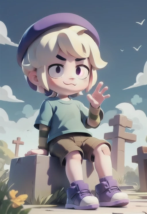 boy , bsgus , blue short-sleeved shirt ,blue shirt , shirt, white hair, purple beret , brown shorts, band-aid on foot , :3 ,green Sleeves under shirt ,green sleves , In acemetery , Purple Shoes , child , <lora:bsgus:0.8> sit