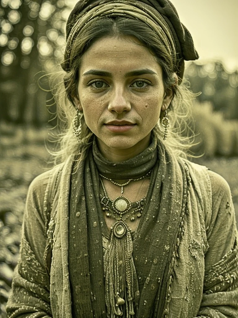 emotional photo of gypsy  woman Deidre in rugged ornamental clothes, (clean hands pose,:1.2) gypsy ornate headband, dark suntanned skin, long messy hair, (red scarf:1.1), native ethnic gold necklace, face, perfect teeth, 8k uhd, high quality,  film grain, looking at viewer, portrait, (skin pores:1.2), (moles:0.8), (imperfect skin:1.1), intricate details, goosebumps, flawless face, ((photorealistic):1.1), (raw, 8k:1.2), hyper realistic, HDR, cinematic, dark, muted colors, atmosphere, ((macro lens)), after dusk, outdoors
<lora:entropy-alpha:0.19>