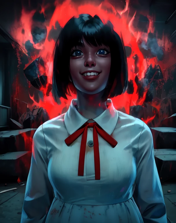 hanakosan,blue eyes,white dress,red neck ribbon,black hair,bangs,
upper body,looking at viewer,smile,
red aura,red lighting,abandoned japanese school,indoors,
(insanely detailed, beautiful detailed face,beautiful detailed eyes, masterpiece, best quality),<lora:hanakoSanGT-10v7:0.8>,<lora:DBKiCharge:0.9>,