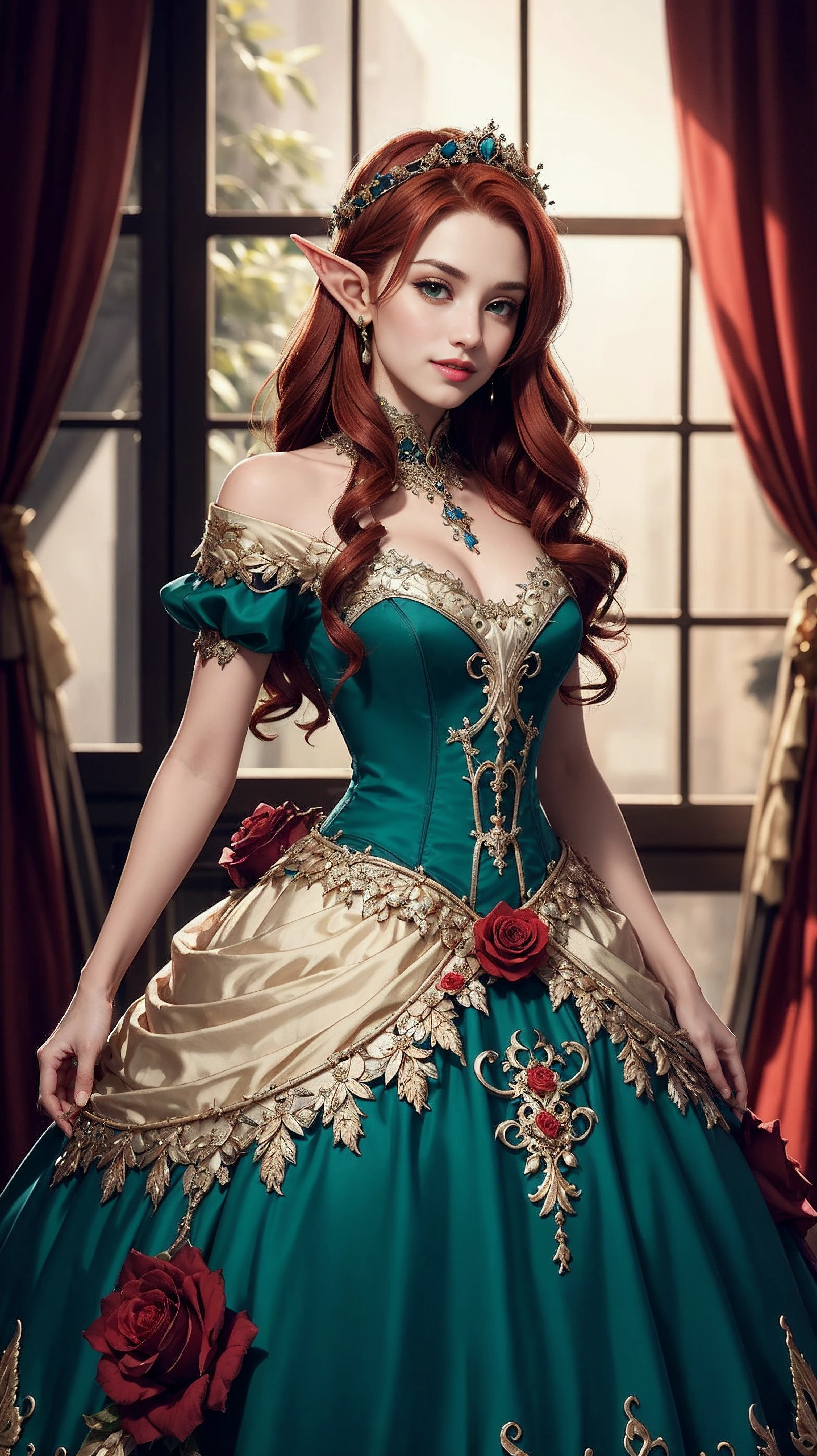 sexy, (seductivesmile:1.1), spellcasting, mysteriousatmosphere, (fantasy:1.4), florest scenery, <lora:edgFantasyGown:0.9>, (edgfd ballgown:1.5), (fantasy dress:1.1), (long dress:1.1), (ballgown with a lot of roses:1.1), hearts, flowers, (masterpiece, high quality, best quality:1.3), extremely detailed, extremely intricate, realistic, hyperrealistic, fine texture, Extremely high-resolution details, 25 year old young, (elf, pointy ears:1.12), (reddish hair:1.3), almond eyes, (green eyes), [long hair], [curly hair], (eye shadow:1.1), 162cm tall, oval face, snub nose, heart-shaped lips, (arched eyebrows), (skinny:1.1),
