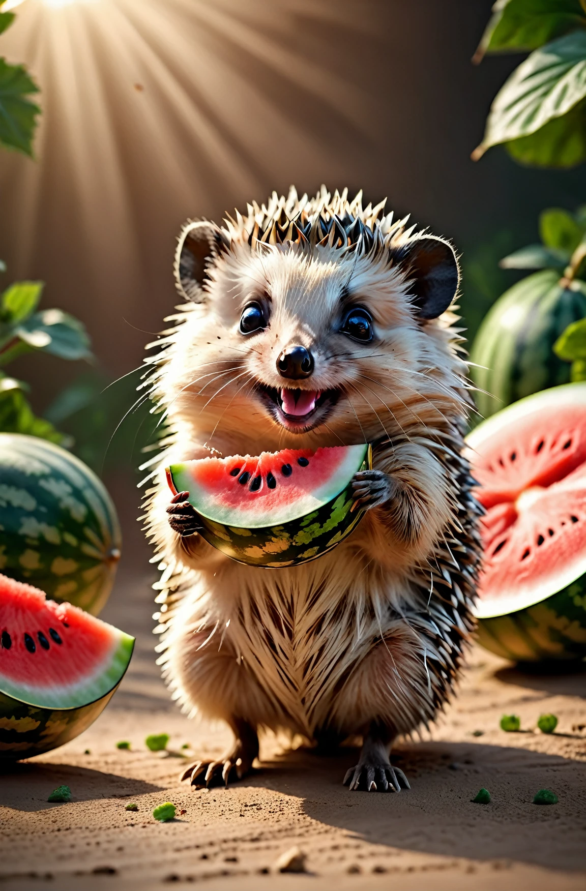 masterpiece of photography, highly detailed photorealistic scene, volumetric lighting, a small hedgehog holding a piece of watermelon with its tiny paws, taking little bites, eyes closed in delight, random dynamic background