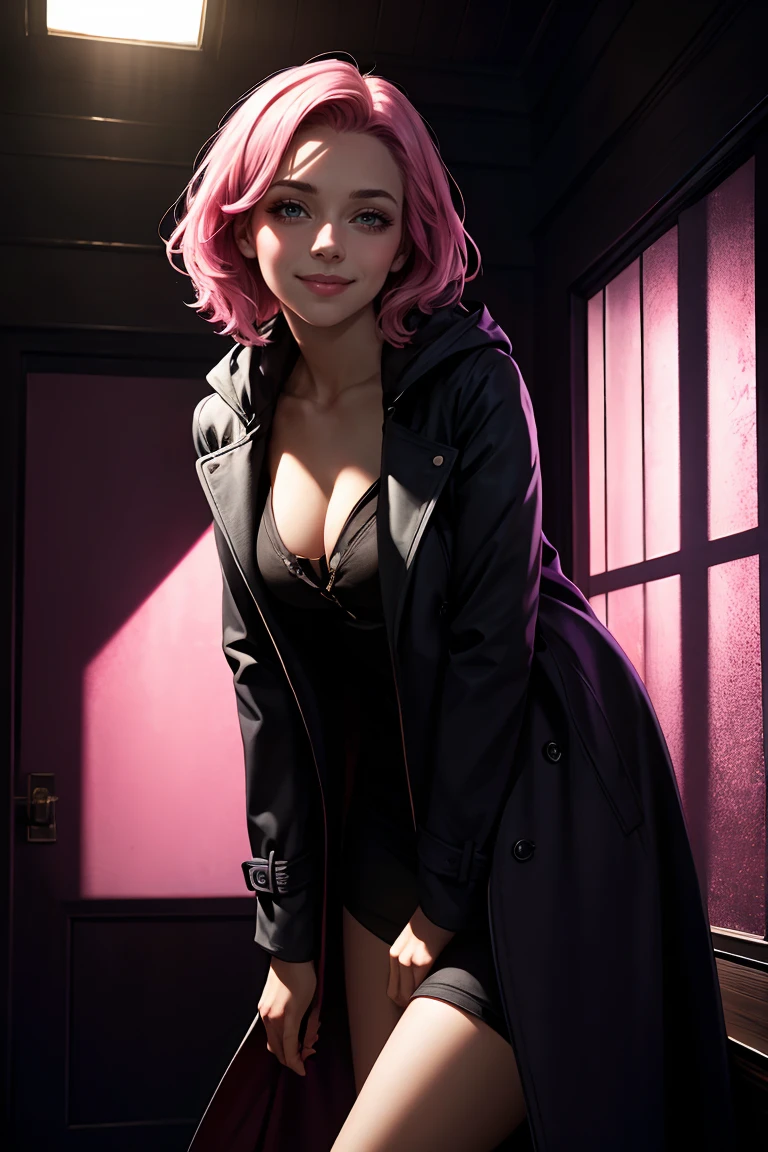 masterpiece,best quality,1girl, leaning forward coat pink hair shadow dramatic lighting Georgeana Ireland matrix ,smile, <lora:GoodHands-vanilla:1>