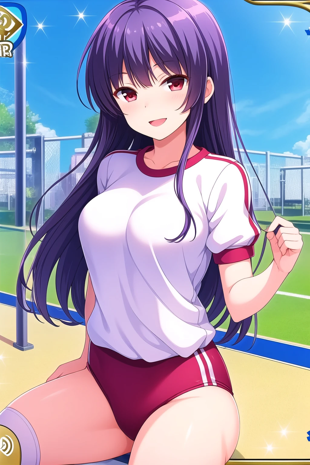 (masterpiece, best quality), highly detailed background, perfect lightingbest quality, kagurazakasaya, solo, purple hair, bangs, very long hair, red eyes, breasts, white shirt, red buruma, gym uniform, smile, open mouth, pink lips, <lora:Kagurazaka-Saya:0.7>